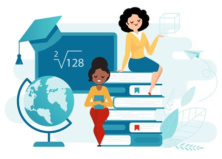 Teachers and books. School or college workers with globe, books and blackboard. Education concept.のイラスト素材