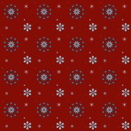 Seamless winter Christmas pattern of white and blue snowflakes on a red background. Winter concept. Happy New Year and Merry Christmas holidays. Print winter backgrounds on textiles, fabrics, wallpaper.の写真素材