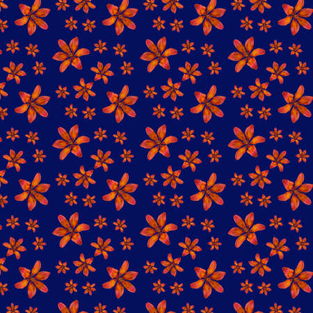 Pattern in the form of an orange lily flower on a blue background with an isolated seamless patternの写真素材