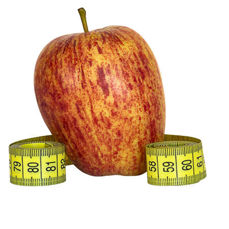 A fresh red apple and a centimeter ribbon, isolated on a white background. Diet, proper nutrition. For the design.の写真素材