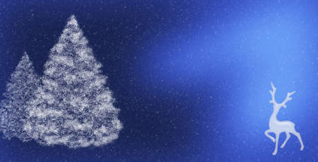 Christmas winter background with snow, a Christmas tree and a deer. A Merry Christmas and New Year greeting card with a copy space.の写真素材