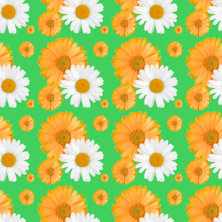 On a green background, a seamless pattern with daisies and calendula. Fabric, texture, paper.の写真素材