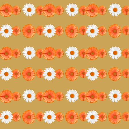 On an orange background, a seamless pattern with daisies and calendula. Fabric, texture, paper.の写真素材