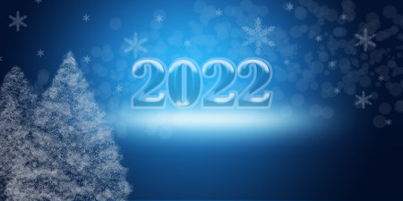 2022 on a blue background with a Christmas tree. snowflakes, bokeh. Cover, screensaver, postcard.の写真素材