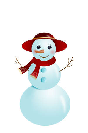 A snowman or a snow woman in a red hat with a carrot nose. Isolated on a white background.の写真素材