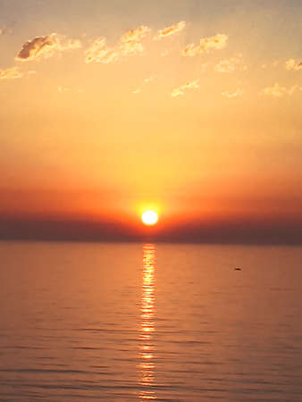 Unfocused background with an orange sunset or sunrise on the water. Screensaver, cover.の写真素材