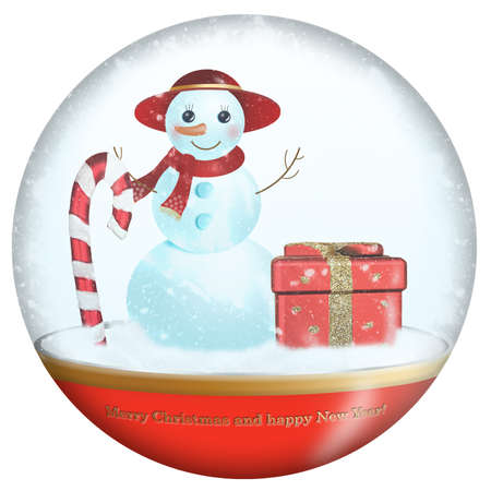 Isolated souvenir glass ball with a snowman figurine, a gift and falling snow. Write a merry Christmas and a happy new year. A toy.の写真素材