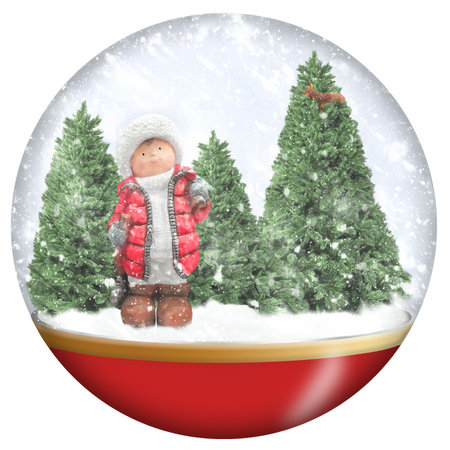 Christmas toy snow glass Christmas ball with a boy figurine, Christmas trees, a squirrel and falling snow. Isolated souvenir on a white background.の写真素材