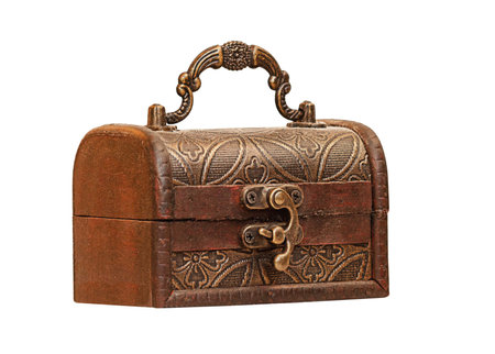 old decorative chest with storage handle, insulated casket on white backgroundの写真素材