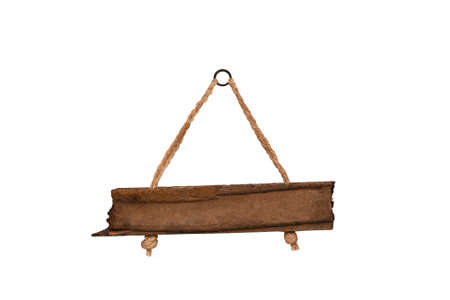 An empty wooden old sign hanging on a hemp rope on a white background. Isolated on a white background.の写真素材
