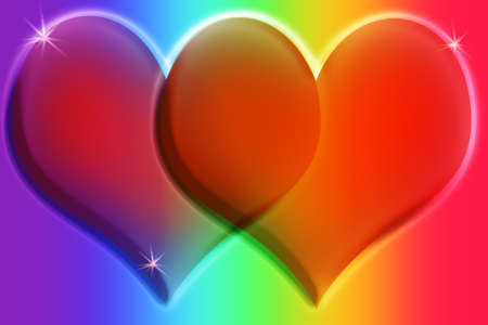 Two hearts on a blurred rainbow color gradient with copy space for graphic design, poster and banner. LGBT concept of gay pride, transgenderism.の写真素材
