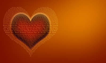 A heart-shaped tag cloud and a red heart on a red-orange background. Valentine's Day, birthday. The concept of love. Postcard, screensaver.の写真素材