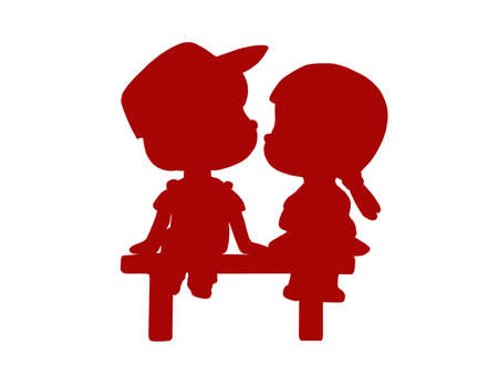 Silhouette of a boy and a girl sitting on a bench. A symbol of love, friendship and Valentine's Day. Isolated silhouette image.の写真素材