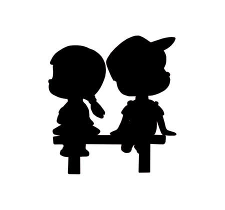 Silhouette of a boy and a girl sitting on a bench. A symbol of quarrel, resentment. Isolated silhouette image.の写真素材