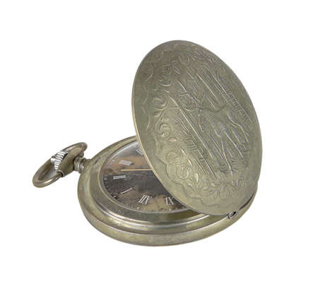 Silver vintage pocket watch with moose engraving on the lid. isolated on a white background.の写真素材