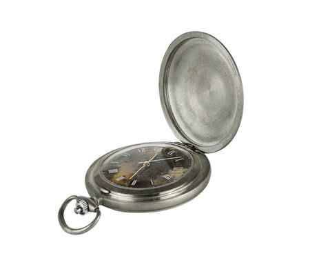 Silver vintage pocket watch with lid isolated on white background.の写真素材