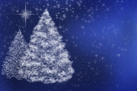 Winter background on dark blue. White fire trees and snow. Merry Christmas, Happy New Year.の写真素材