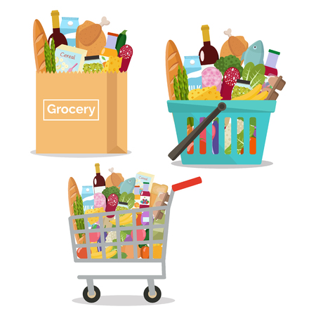 Grocery in a paper bag, in a cart and shopping basket.のイラスト素材