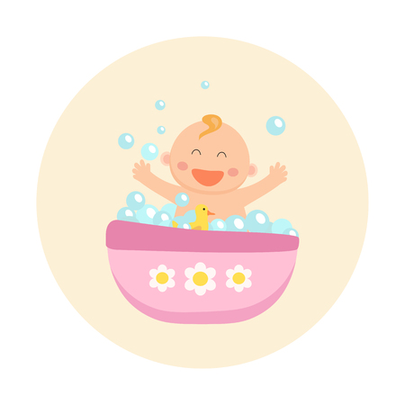 Happy baby girl bath. Flat design.のイラスト素材