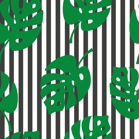 Monstera leaves striped seamless patternのイラスト素材