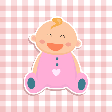 Baby sticker flat icon  on a checkered background. Baby girl. Vector illustration.のイラスト素材