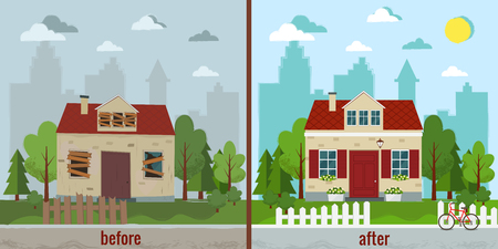House before and after repair vector illustration Flat design.のイラスト素材
