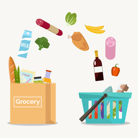Groceries falling from a shopping basket into a paper bag. Vector illustration flat design.のイラスト素材
