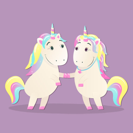 Cute magical unicorns in love on the rainbow. Vector illustration.のイラスト素材
