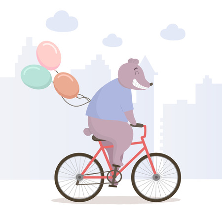 Cute joyful bear riding a bicycle. Vector illustration.のイラスト素材