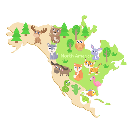 Map of North America with animals. Flat design.のイラスト素材