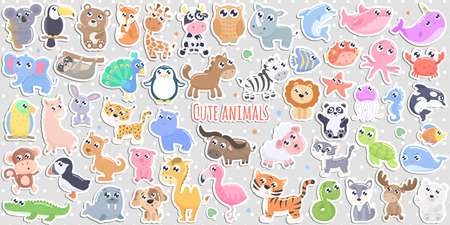Big set of cute cartoon animal stickers  vector illustration. Flat design.のイラスト素材