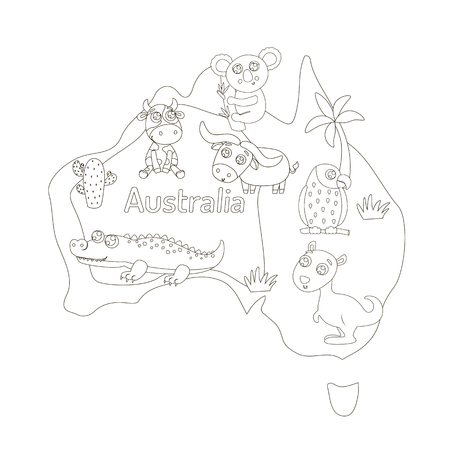 Coloring page with animal map of Australia for kids.のイラスト素材