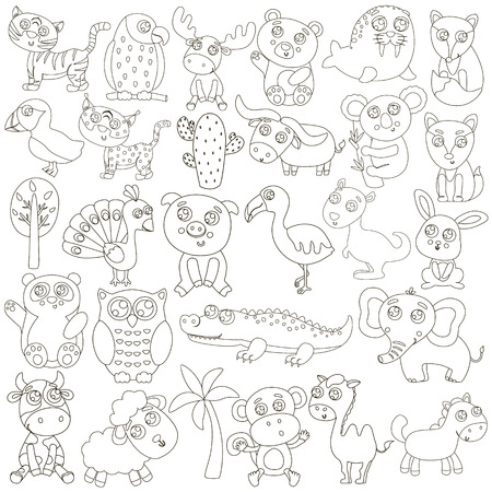 Cute outlined animals for coloring. Vector illustration.のイラスト素材