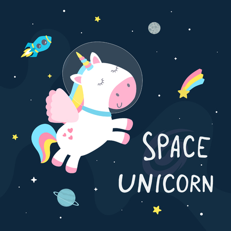Cute space unicorn flat vector illustration.のイラスト素材