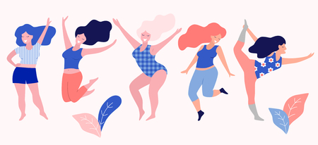 Happy beautiful active plus size girls vector flat  illustration. Body positive concept.のイラスト素材