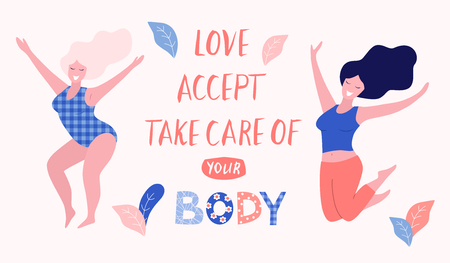 Love, accept, take care of your body card, poster. Beautiful woman vector flat illustration.のイラスト素材