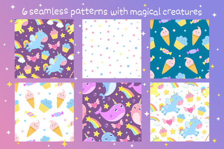 Set of vector seamless patterns with magical creaturesのイラスト素材
