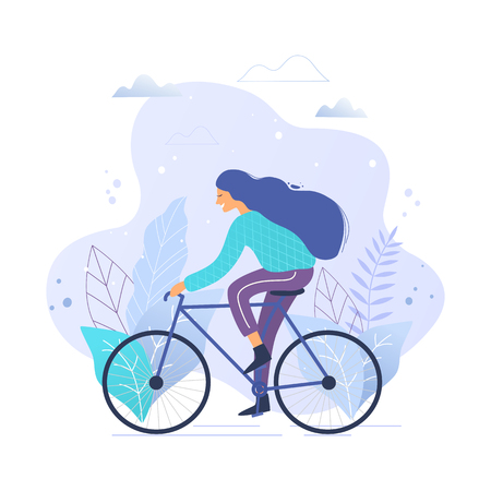 Woman riding a bicycle in park trendy vector illustration.のイラスト素材