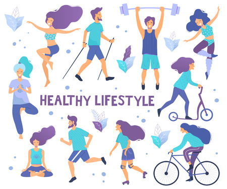 Healthy lifestyle. Different physical activities: running, roller skates, dancing, bodybuilding, yoga, fitness, scooter, nordic walking. Flat vector illustration.のイラスト素材
