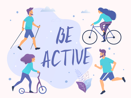Be active vector illustration. Healthy active lifestyle. Different physical activities: running, roller skates, scooter, nordic walking.のイラスト素材