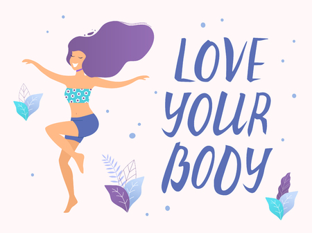 Love your body card, poster. Beautiful dancing woman vector flat illustration.のイラスト素材