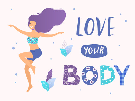 Love your body card, poster. Beautiful dancing woman vector flat illustration.のイラスト素材