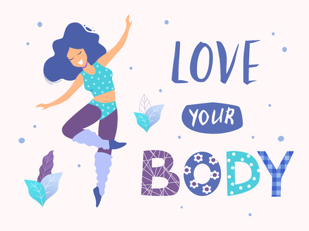 Love your body card, poster. Beautiful dancing woman vector flat illustration.のイラスト素材