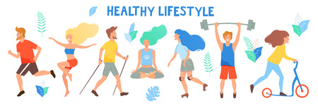 Healthy lifestyle. Different physical activities: running, roller skates, dancing, yoga, fitness, scooter, nordic walking. Flat vector illustration.のイラスト素材