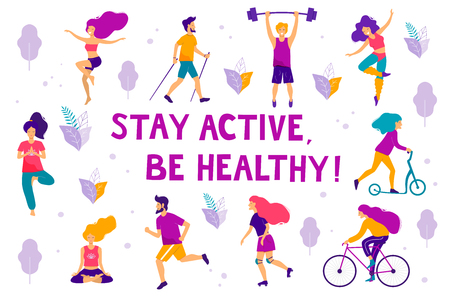 Healthy lifestyle. Different physical activities: running, roller skates, dancing, bodybuilding, yoga, fitness, scooter, nordic walking. Flat vector illustration.のイラスト素材