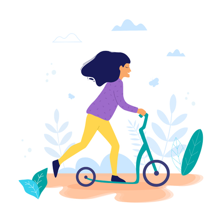 Woman riding a kick scooter in park vector illustration.のイラスト素材