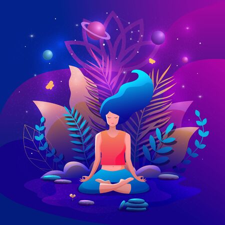 Woman sitting in lotus position practicing meditation. Yoga girl vector trendy illustration.のイラスト素材