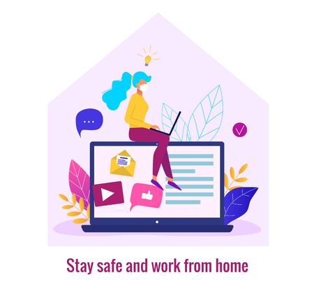 Concept of online education or work from home during covid - 19 outbreak modern vector illustration. Remote work conceptのイラスト素材