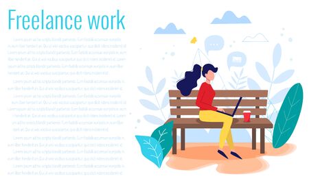 Freelance, online work, work from home, online education, freedom in work concept vector illustration in flat style. Woman sitting on the bech with laptop.のイラスト素材