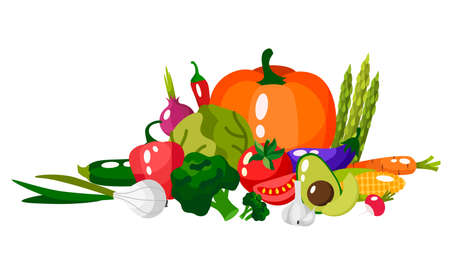 Set of fresh vegetables.Flat design. Organic farm illustration. Healthy lifestyle vector design elements.のイラスト素材